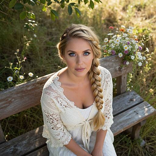 Blonde Woman in White Lace Sitting on Wooden Bench with Wildflowers