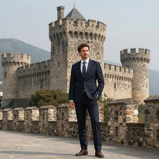 Man in Navy Blue Suit Standing by Historic Medieval Castle