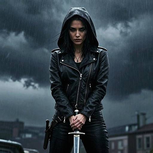Fierce Gen Z Woman in Leather Jacket Holding Sword in Rain