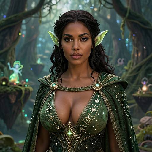 Fantasy Elf Woman in Enchanted Forest with Mystical Green Cloak