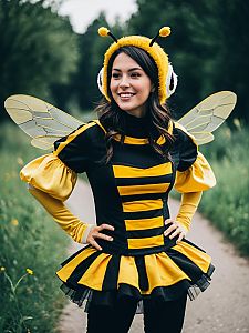 Woman in Photorealistic Bee Dance Costume Playful Cosplay Portrait