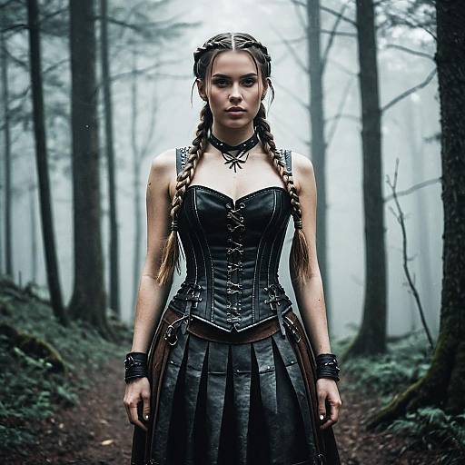 Gothic Fantasy Woman in Leather Corset Standing in Misty Forest
