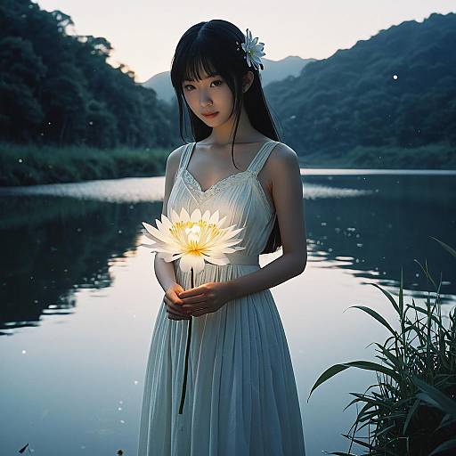 Serene Young Woman Holding Glowing Lotus by Lakeside at Dusk