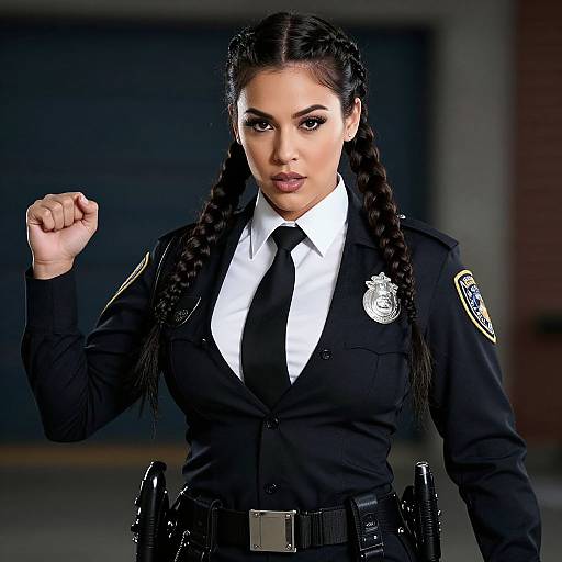 Confident Woman Police Officer in Uniform with Braided Hair