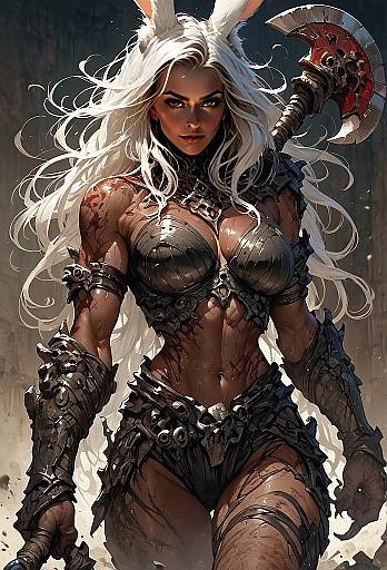 Fierce Warrior Woman with Rabbit Ears and Battle Axe Fantasy Art