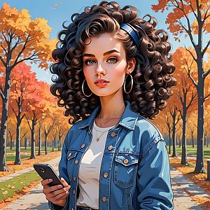Autumn Portrait of Young Woman with Curly Hair and Denim Jacket Holding Smartphone