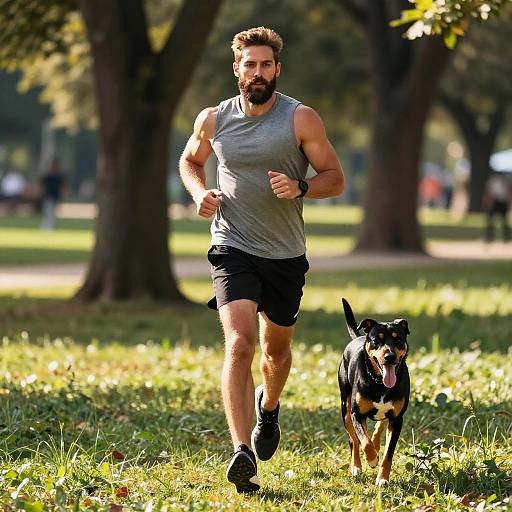 Man Jogging with Dog in Park on Sunny Day