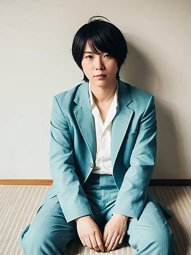 Realistic Teruki Hanazawa Cosplay Man in Light Blue Suit Sitting Indoors