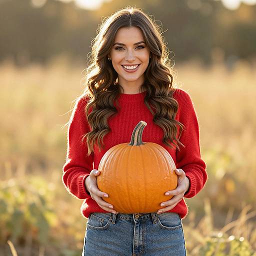 Happy Woman Holding Pumpkin in Autumn Field vllm2604172001jxec
