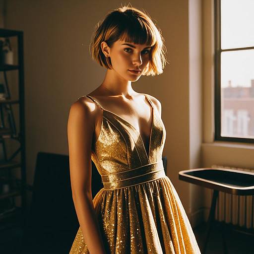 Elegant Woman in Gold Evening Gown with Bob Hairstyle in Warm Indoor Lighting