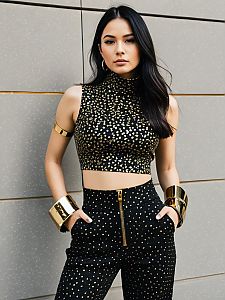 Woman in Modern Urban Sleeveless High Neck Crop Top with Metallic Speckles