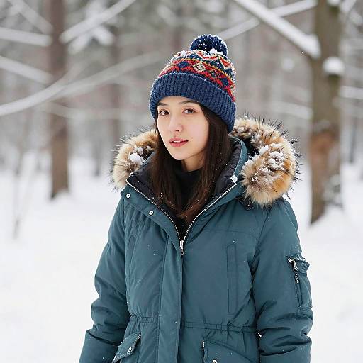 Young Woman in Winter Coat and Colorful Beanie in Snowy Forest