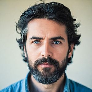 Close-up portrait of a man with blue eyes and beard