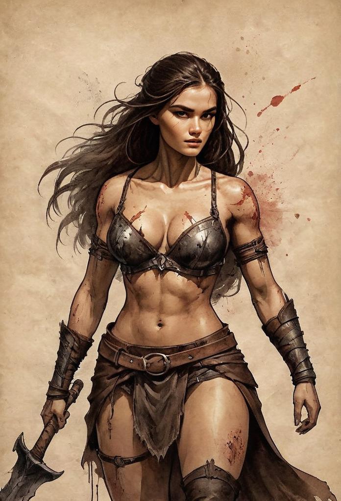 Fantasy Warrior Woman Digital Art with Battle-Worn Armor and Axe