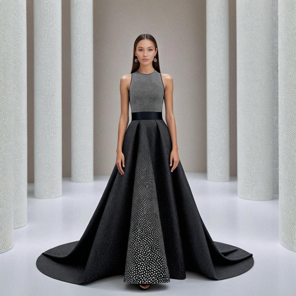 Elegant Woman in Black Gown with Modern Pillars