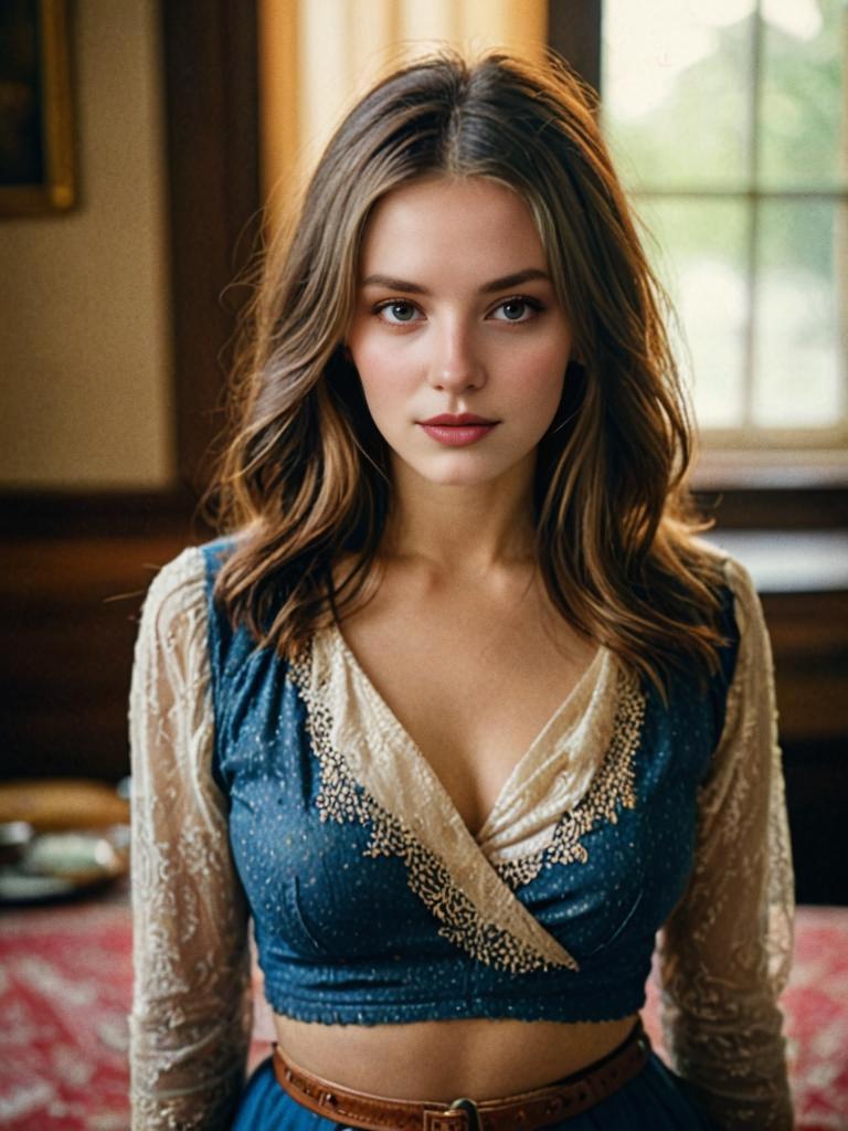 Young Woman in Vintage-Inspired Blue Top