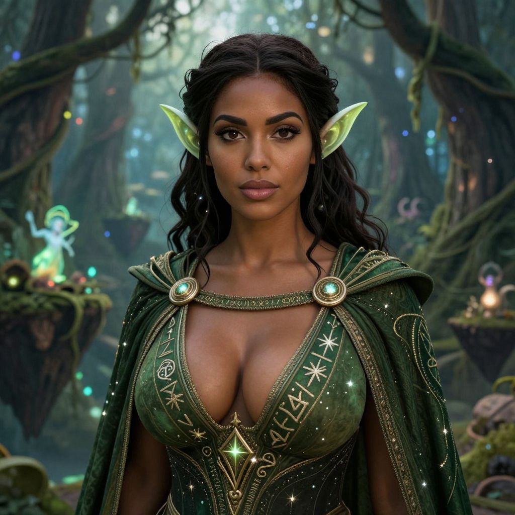 Fantasy Elf Woman in Enchanted Forest with Mystical Green Cloak