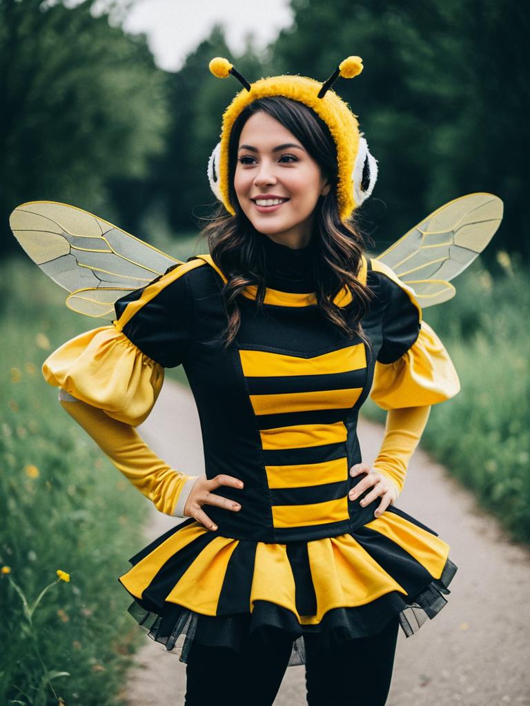 Woman in Photorealistic Bee Dance Costume Playful Cosplay Portrait