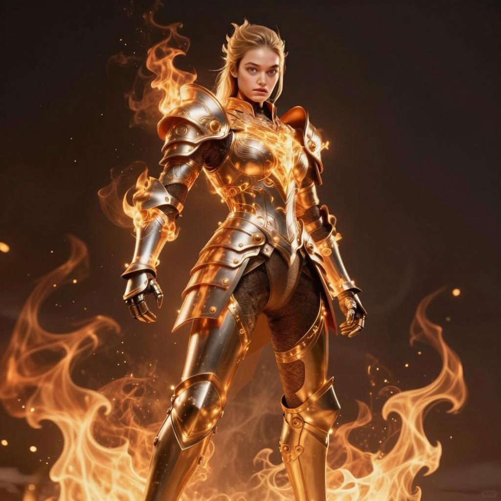 Fierce Woman in Glowing Golden Armor with Flames Fantasy Warrior