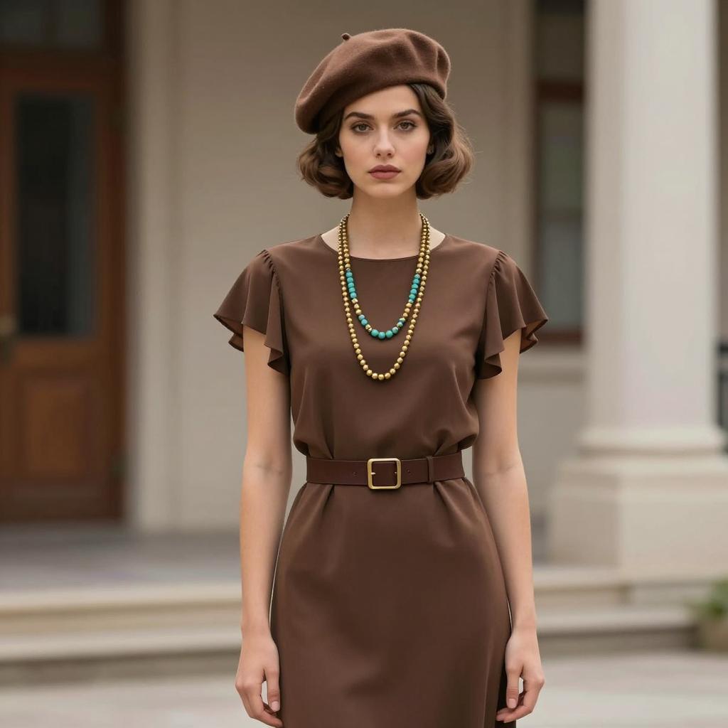 Woman in Elegant Brown Dress with Beret and Beaded Necklaces