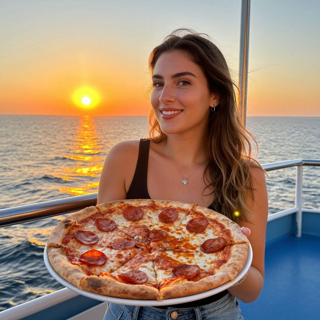 Young Woman Holding Pepperoni Pizza on Boat at Sunset