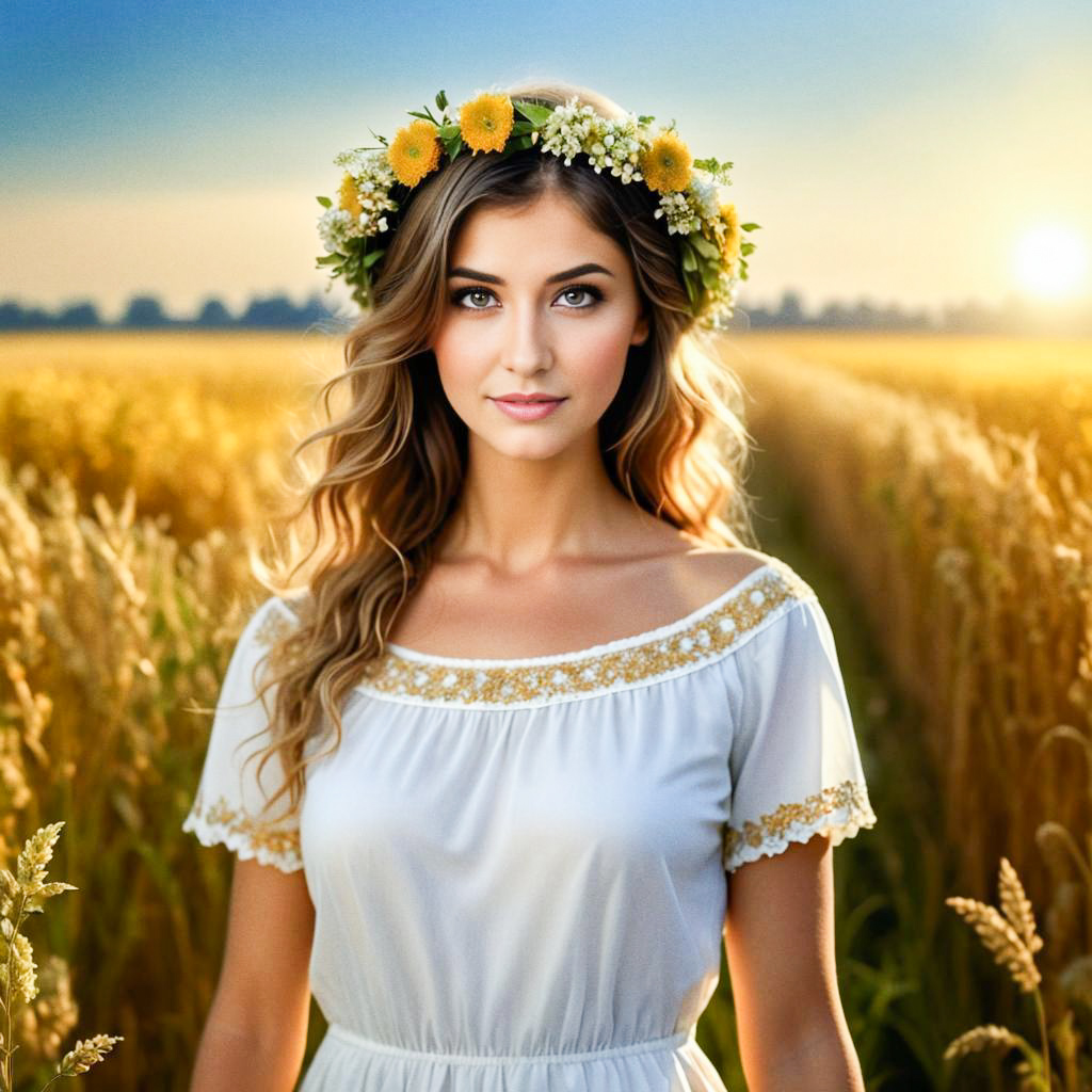 Woman in Wheat Field at Sunset