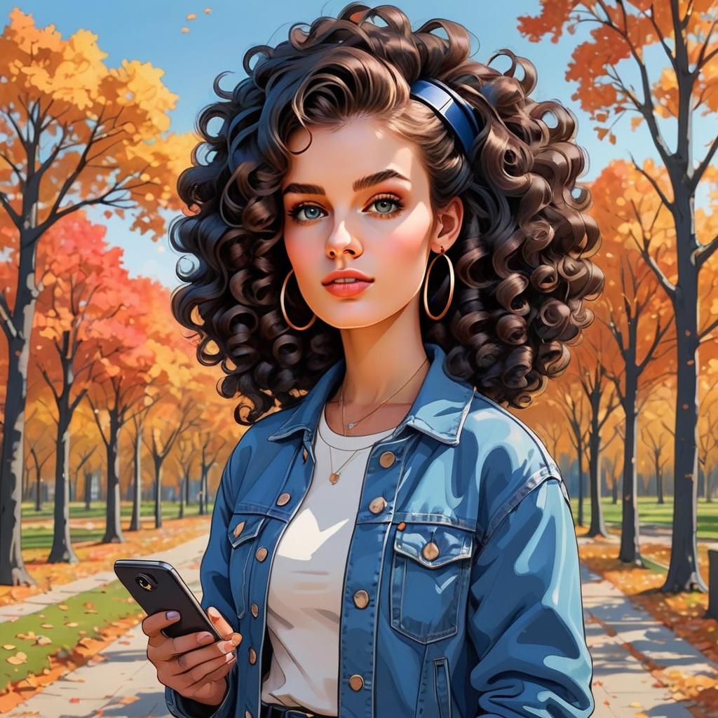 Autumn Portrait of Young Woman with Curly Hair and Denim Jacket Holding Smartphone