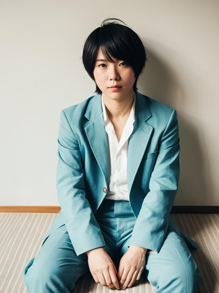 Realistic Teruki Hanazawa Cosplay Man in Light Blue Suit Sitting Indoors