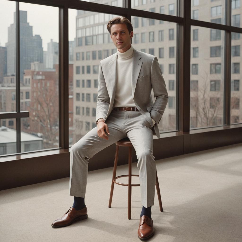 Confident Man in Grey Suit with Cityscape Background