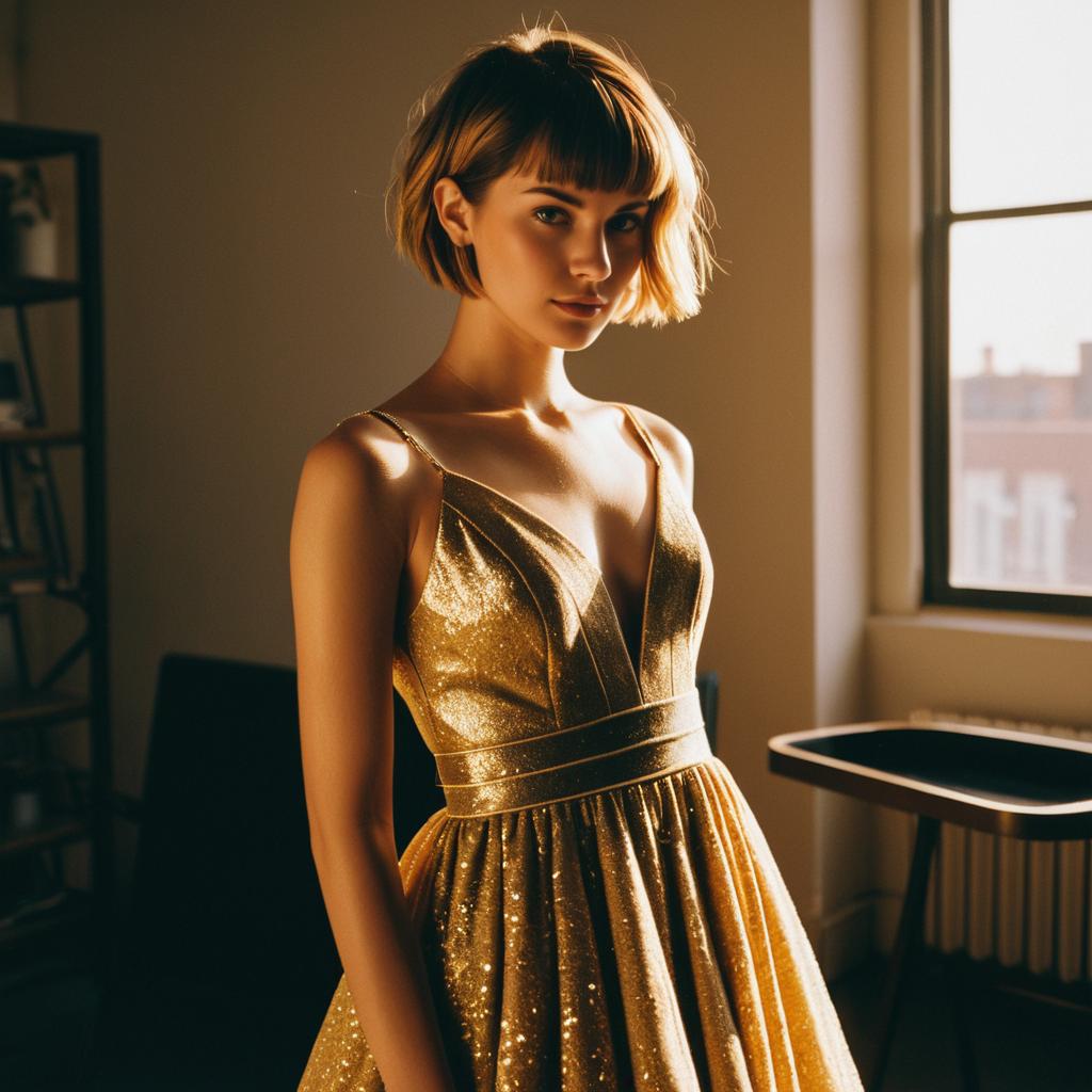 Elegant Woman in Gold Evening Gown with Bob Hairstyle in Warm Indoor Lighting