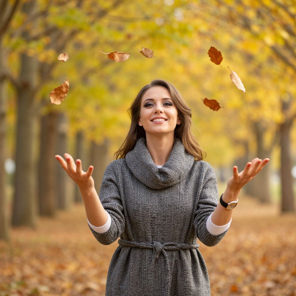 Happy Woman Enjoying Autumn Leaves in Park Wearing Cozy Gray Sweater