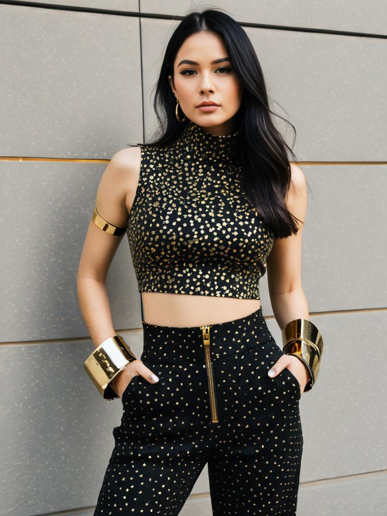 Woman in Modern Urban Sleeveless High Neck Crop Top with Metallic Speckles