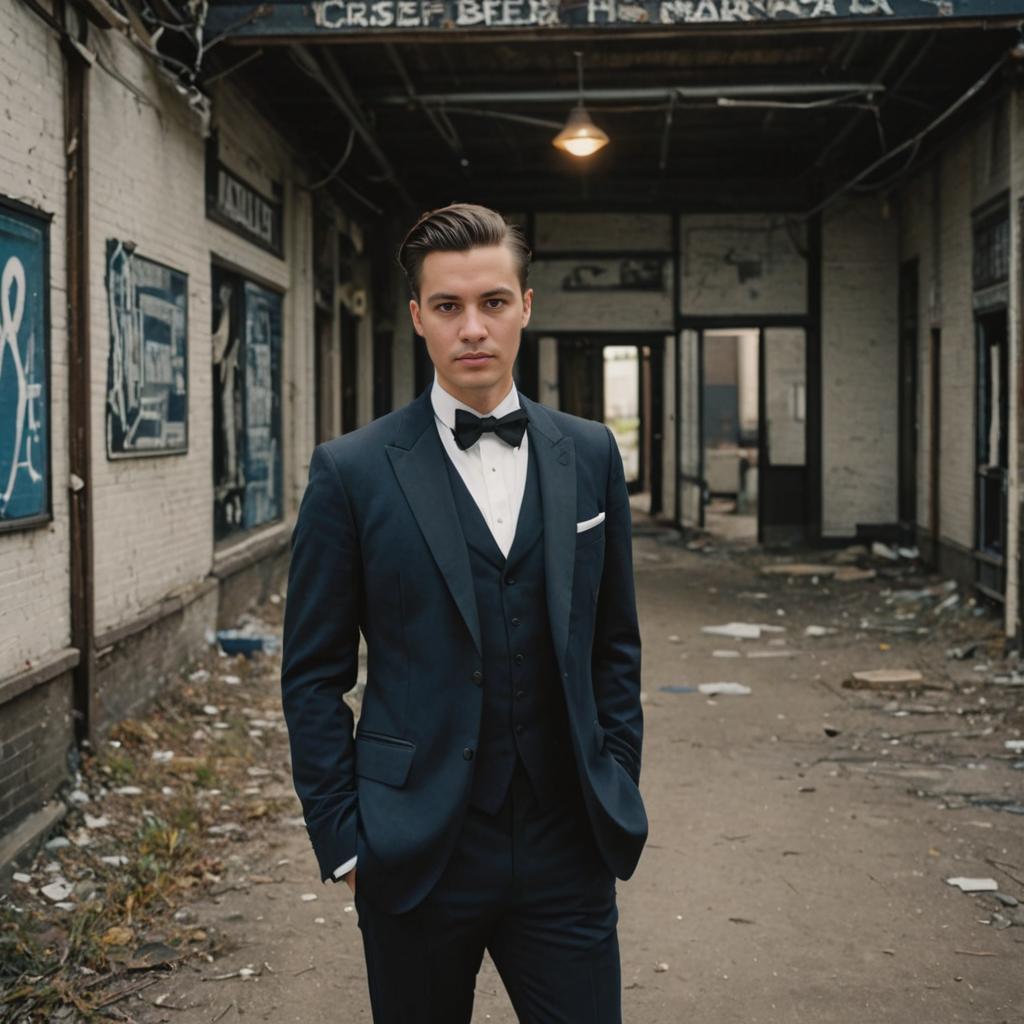 Suave Man in Suit in Abandoned Building