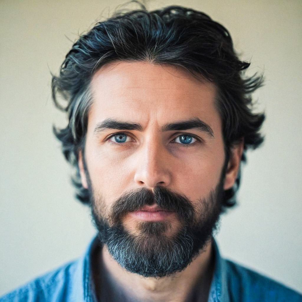 Close-up portrait of a man with blue eyes and beard