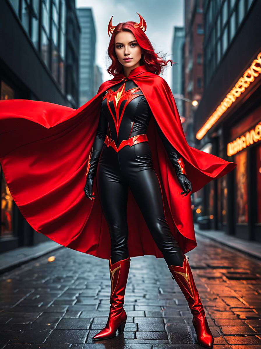 Confident Woman in Red Superhero Costume