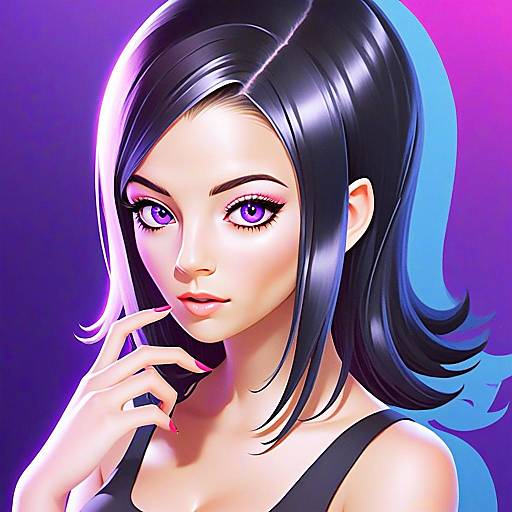 Stylized Digital Portrait of Woman with Purple Eyes and Black Hair in Anime Style