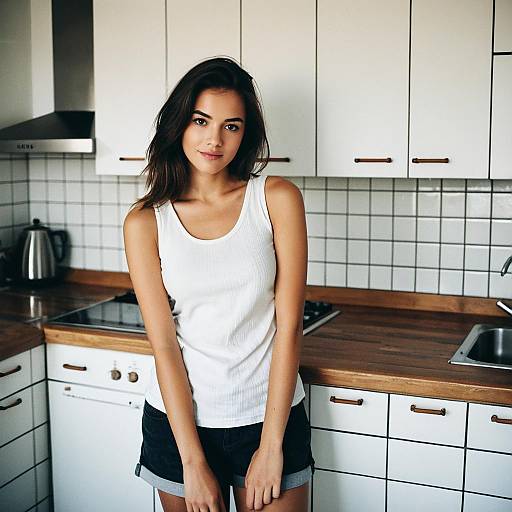 Young Woman in Casual Outfit Standing in Modern Kitchen