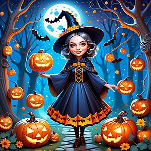 Witch in Mystical Forest with Jack-o'-Lanterns