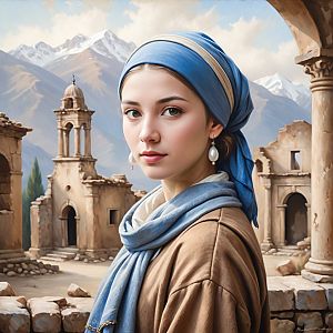 Woman in Blue Headscarf by Ancient Ruins and Mountains