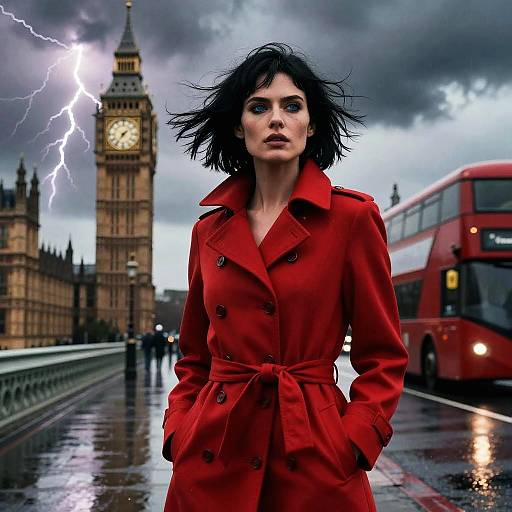 Stylish Woman in Red Trench Coat with Big Ben and Lightning in London