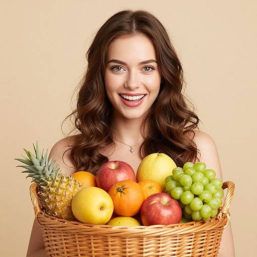 Smiling Woman Holding Basket of Fresh Fruits with Pineapple and Grapes