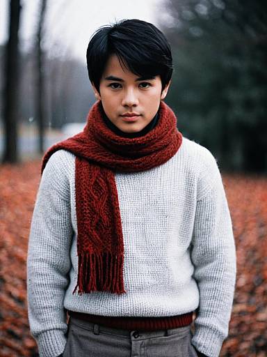 Young Man Wearing Thermal Sweater and Red Scarf in Autumn Outdoors