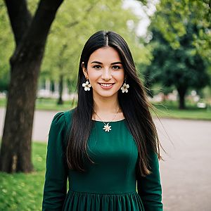 Young Woman in Green Dress Smiling in Park