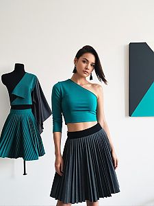 Stylish Woman in Modern Teal Crop Top and Pleated Skirt Next to Mannequin Fashion Display