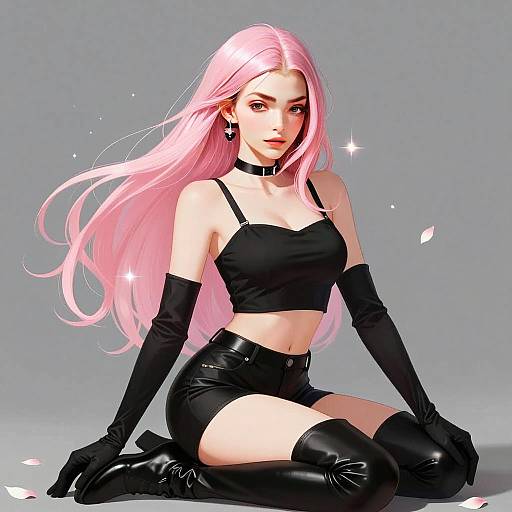 Digital Art of Stylish Woman with Pink Hair in Black Fashion