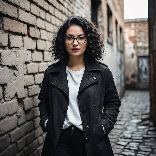 Confident Woman in Black Coat Standing in Urban Alleyway