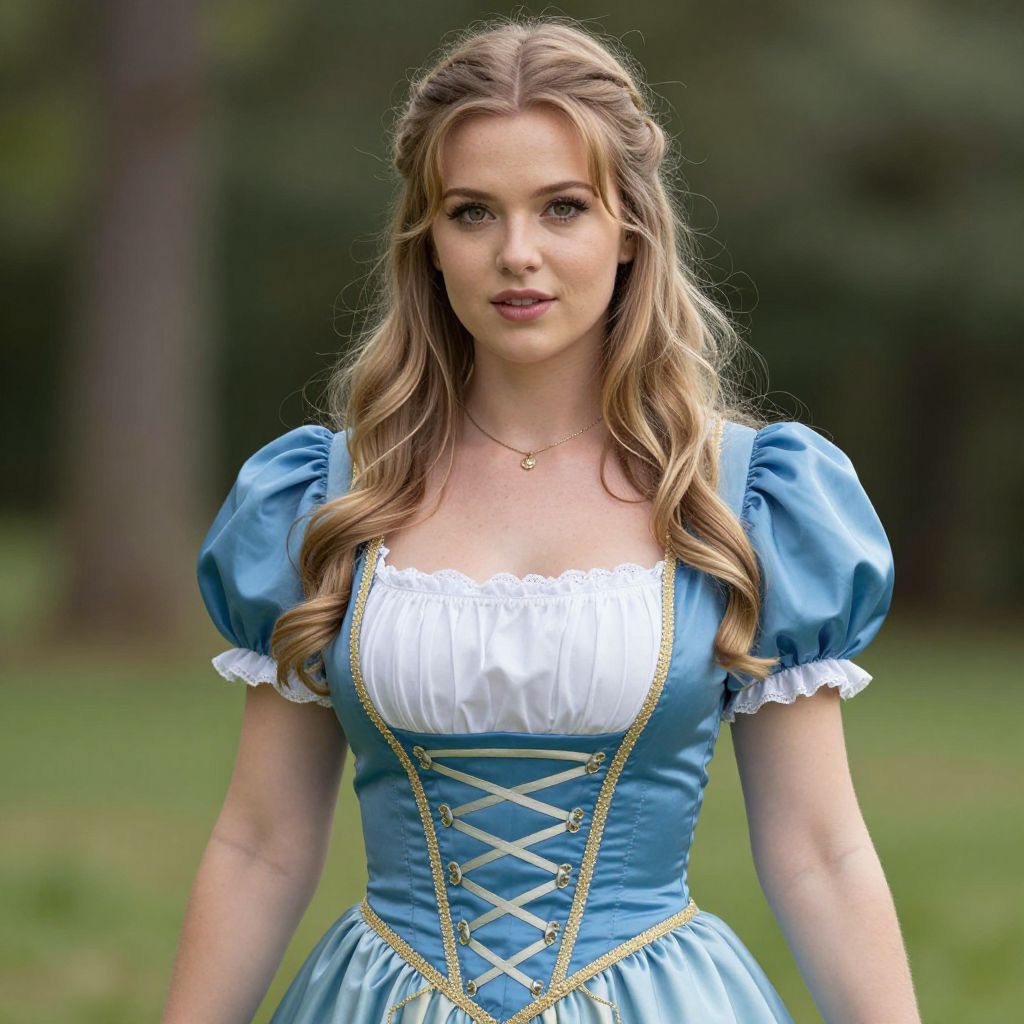 Young Woman in Blue Renaissance Style Dress Outdoor Portrait