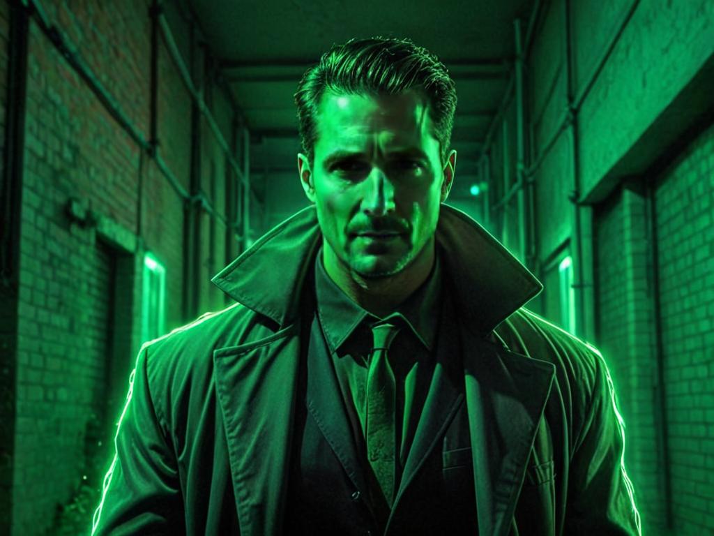 Neo-noir man in green-lit alleyway