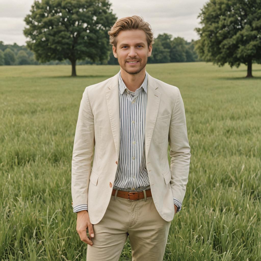 Confident Man in Casual Blazer in Serene Field