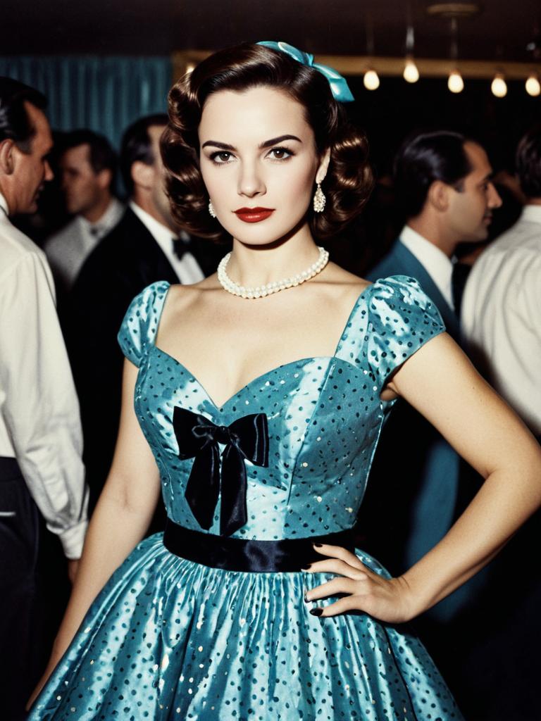 Woman in Retro 1950s Style Party Dress Photorealistic Vintage Fashion Portrait